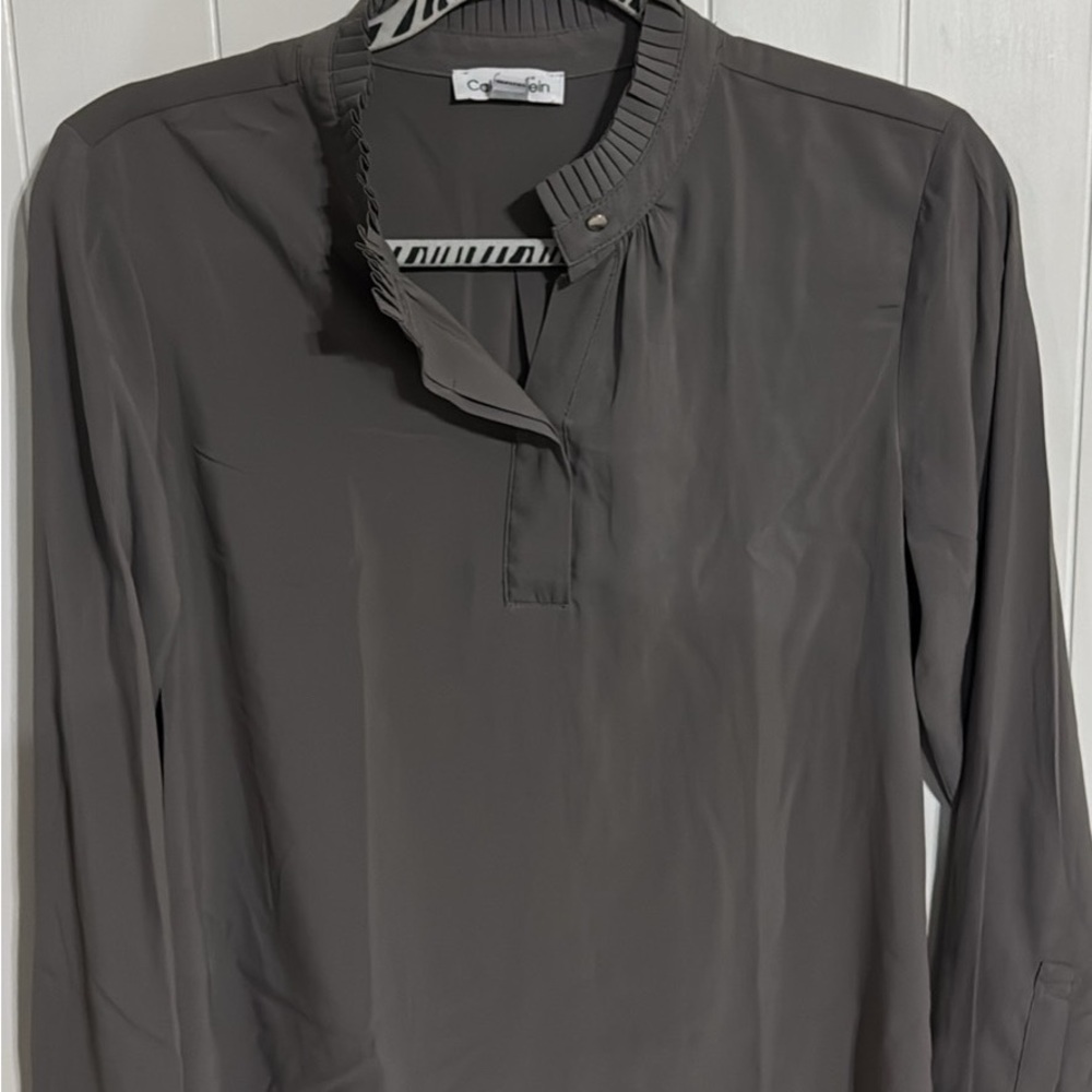 Calvin Klein Gray Blouse with Stand-Up Collar